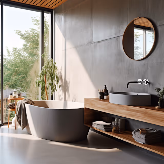 Modern elegant bathroom interior with sleek design, minimalist fixtures, and stylish tiles.